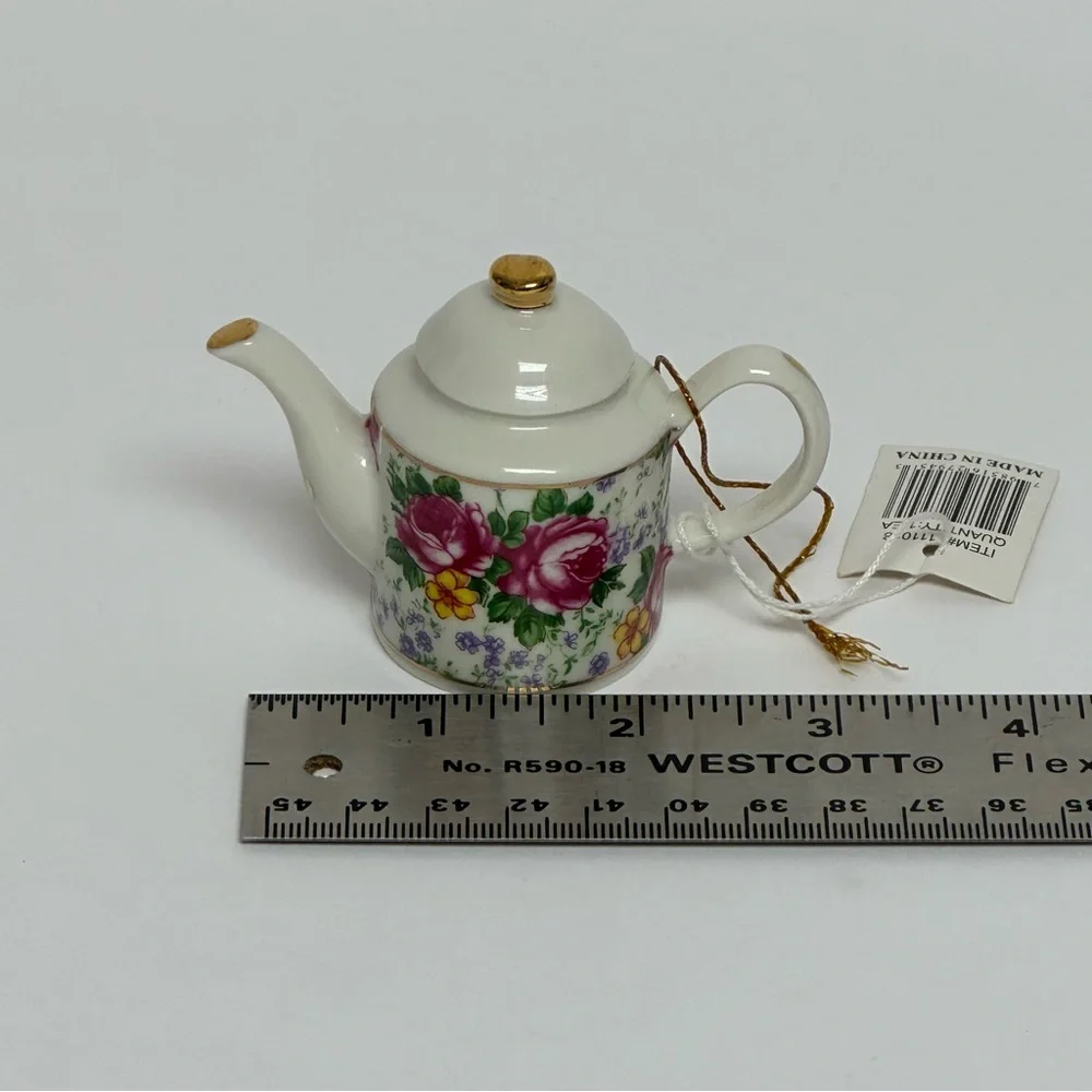 Mini Tea Pot 3” Decorative Floral Design Gold Trim Cottage Core